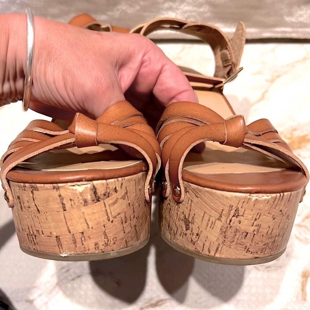 LK NW MOSSIMO 👡 FAUX BROWN LEATHER 4” CORK HEEL PLATFORM WEDGE SANDALS Womens 10 - Picture 9 of 16